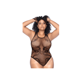 Body noir grande taille en résille motif serpent, orné de strass, ouvert à l’entrejambe - Mapalé